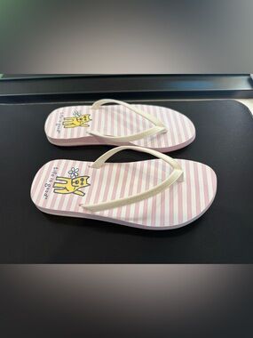 Women's Size 6 Life is Good Pink & White Striped Rocket the Dog Flip Flops